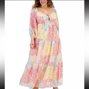 Taylor Women's Plus Size Patchwork-Print Keyhole Maxi Dress Rose/Peach Size 18W